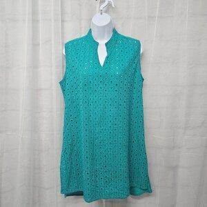 Signature JMB Teal Turquoise Embroidered Eyelet Tunic Tank Boho L